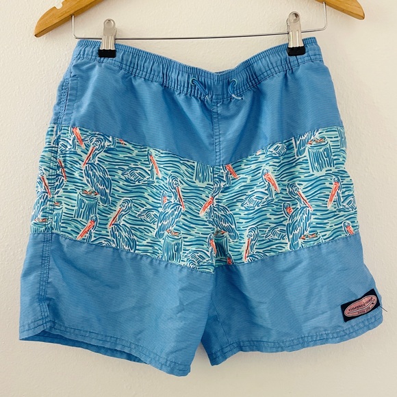 Vineyard Vines Boys Swim Trunks - Blue Striped & Pelican Print - Picture 1 of 3